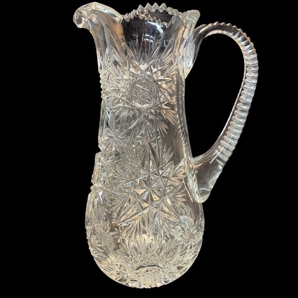 Vintage Cut Crystal Glass Pitcher Intricate Starburst Design & Ribbed Handle - Picture 1 of 13